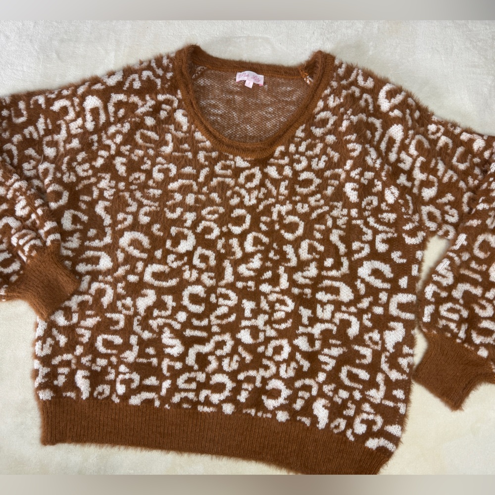 Pink Lily Brown and Cream Crew Neck Sweater with Geometric Pattern